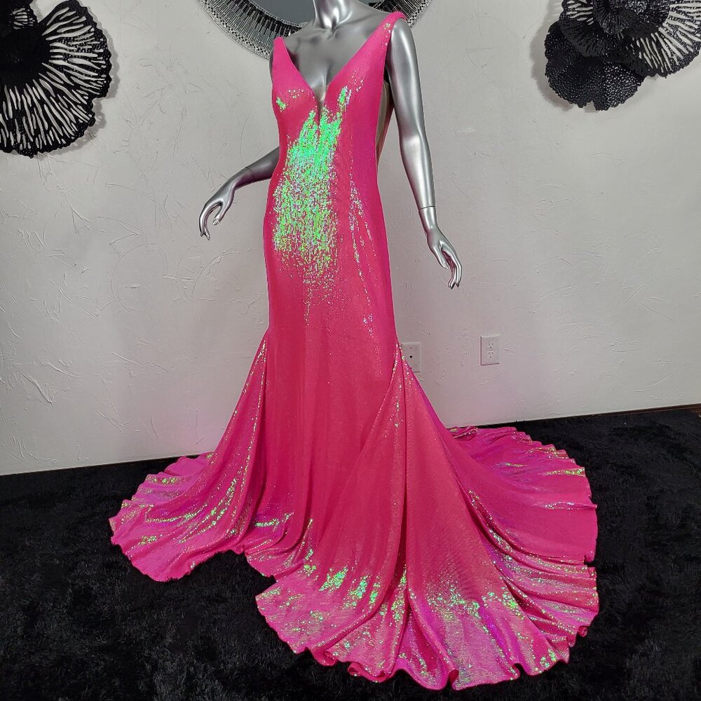 NWT~$690~JOVANI~12/14~FUCHSIA PINK IRIDESCENT SEQUIN PROM PAGEANT FORMAL DRESS